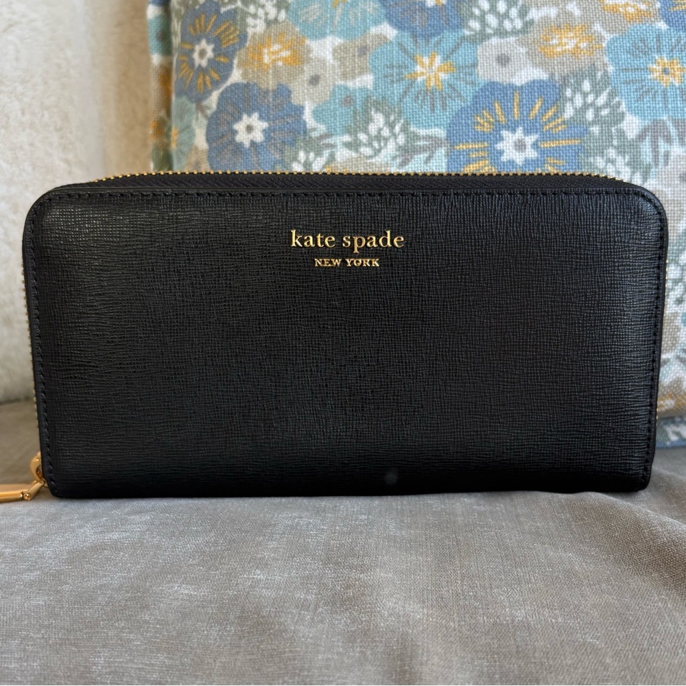kate spade Black Saffiano Zip-Around Wallet with Gold Logo